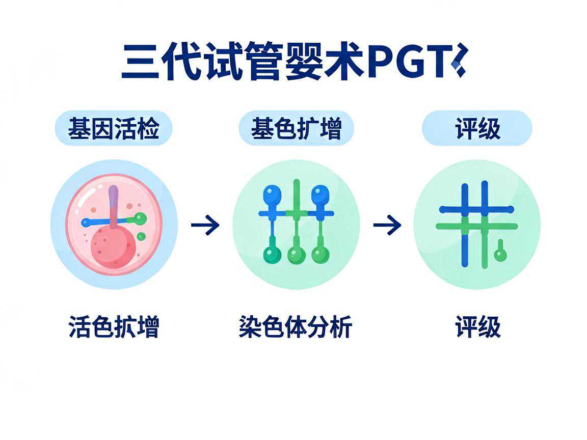 三代试管婴儿PGT技术流程:胚胎活检→基因扩增→染色体分析→评级