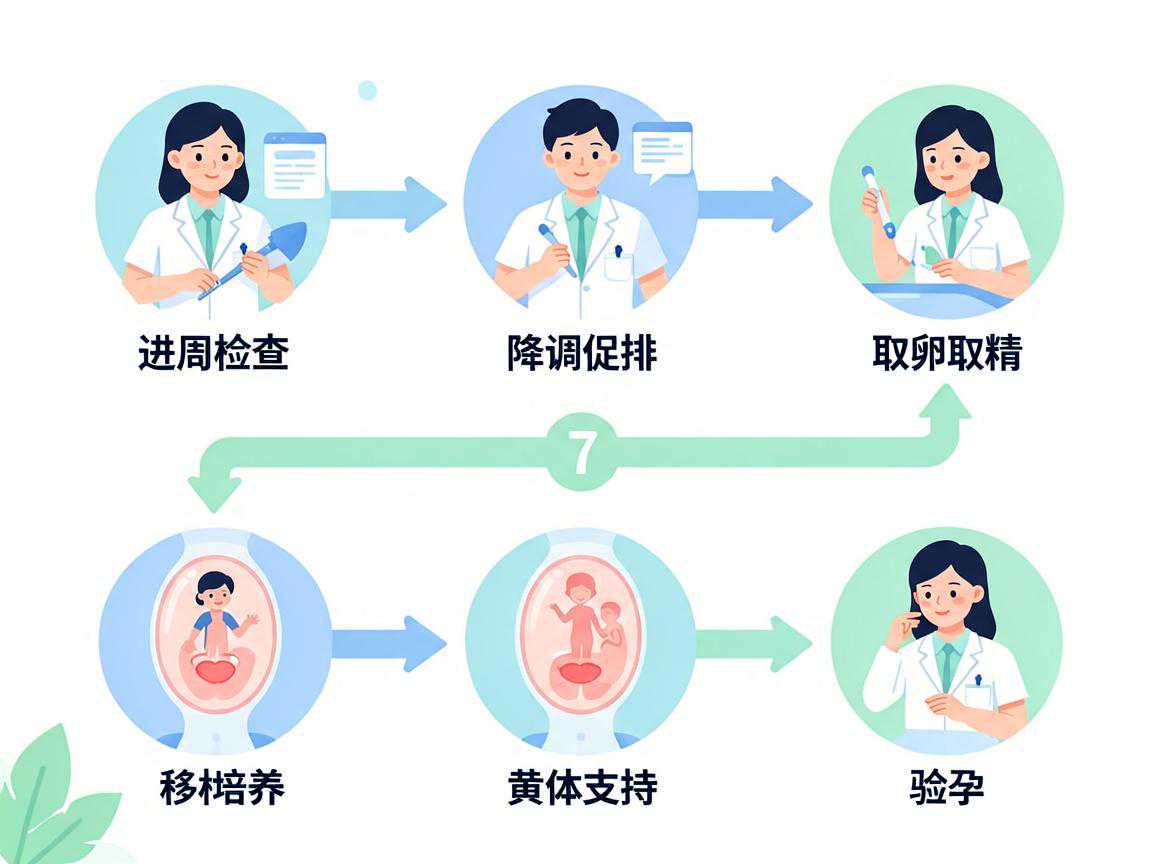 试管婴儿7步完整流程图:进周检查→降调促排→取卵取精→胚胎培养→移植→黄体支持→验孕