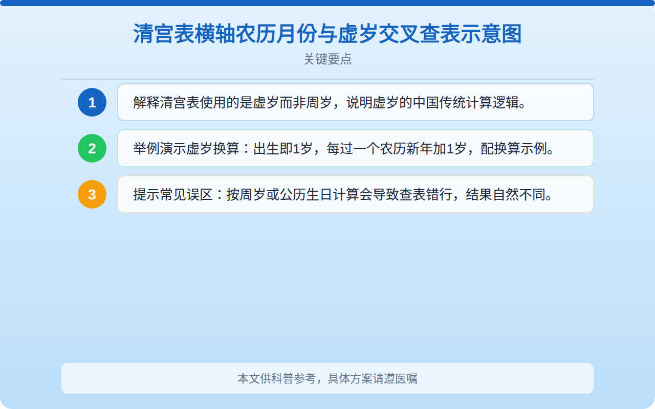 清宫表横轴农历月份与虚岁交叉查表示意图