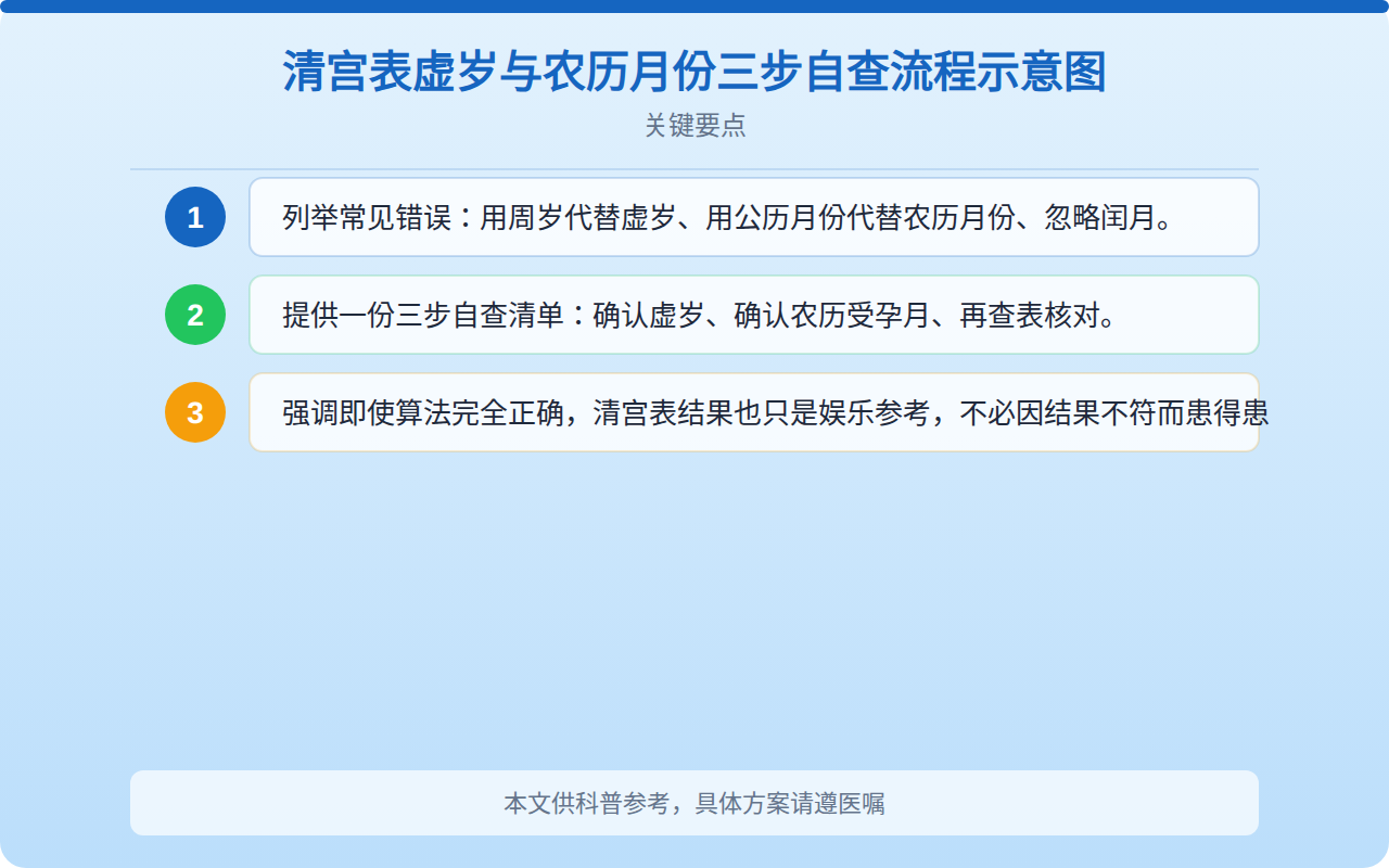 清宫表虚岁与农历月份三步自查流程示意图