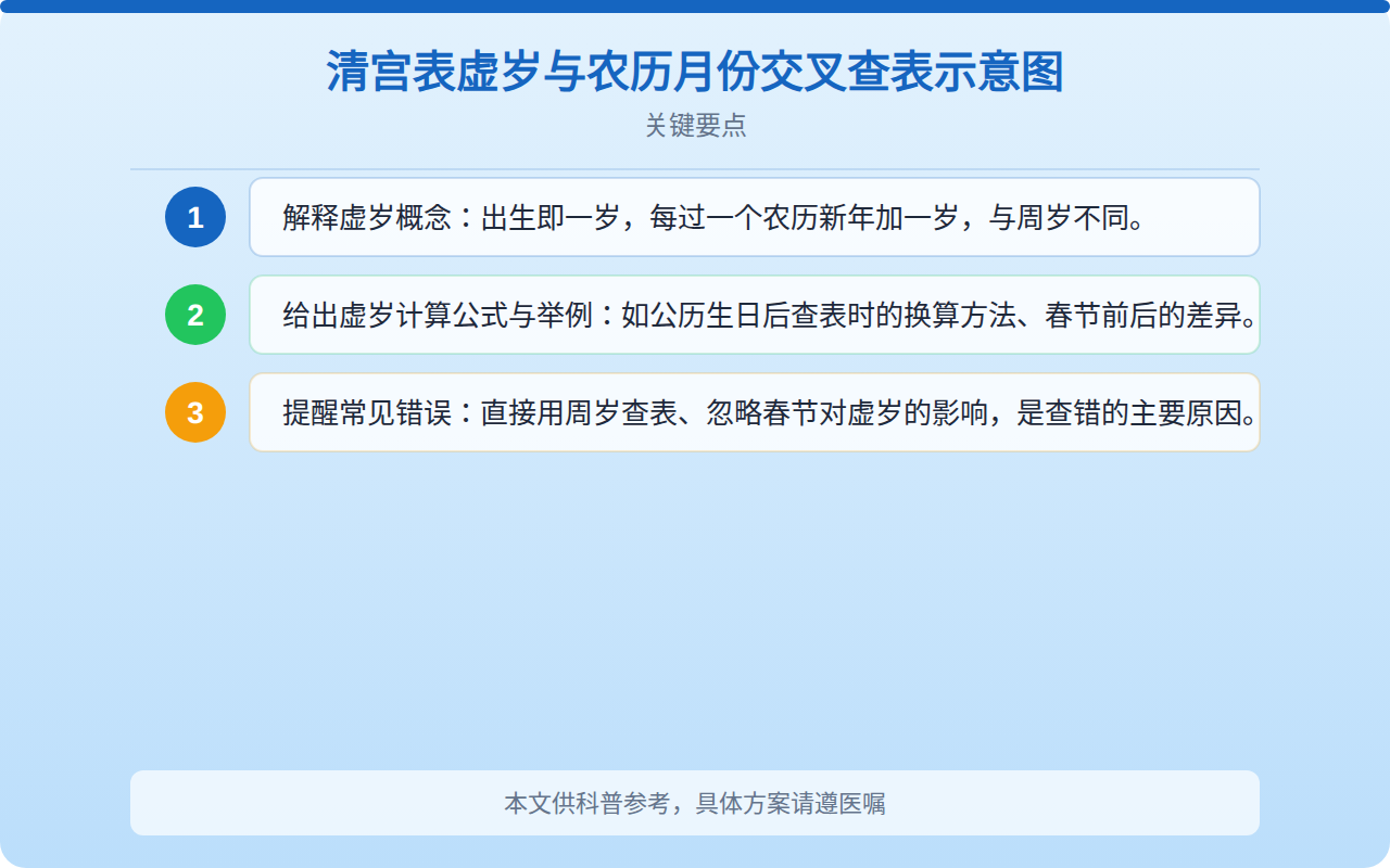 清宫表虚岁与农历月份交叉查表示意图